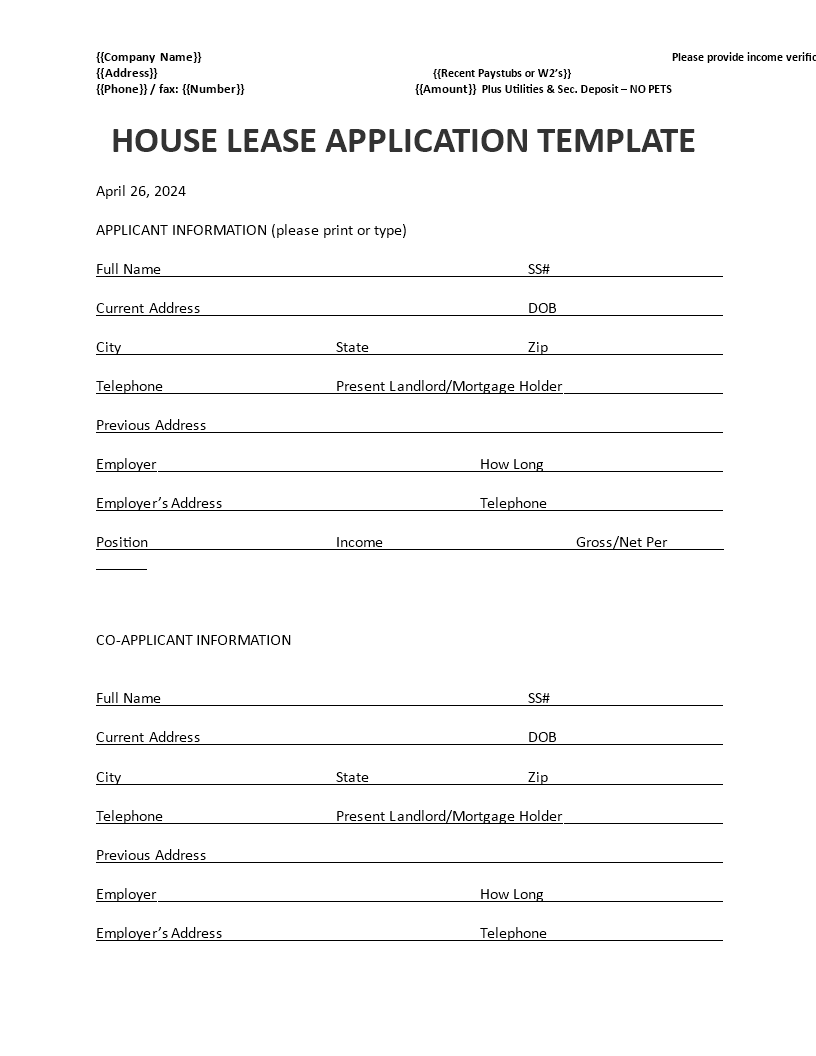 house lease application template