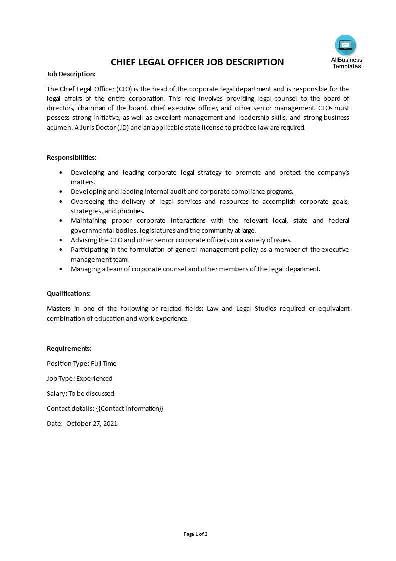 chief legal officer job description template