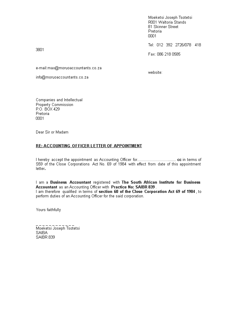 appointment letter format for accountant in word modèles
