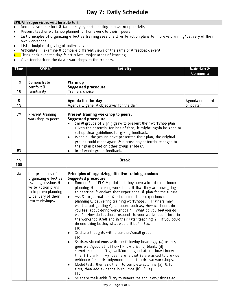 supervisors daily schedule word template