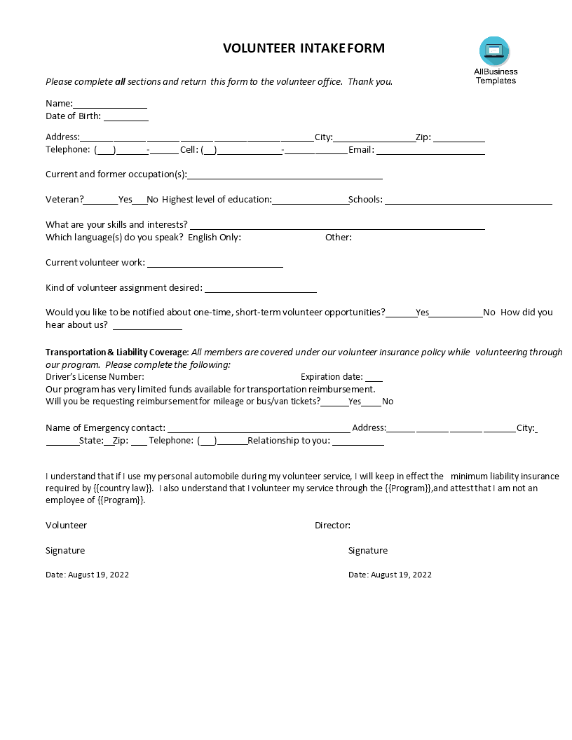 volunteer intake form template