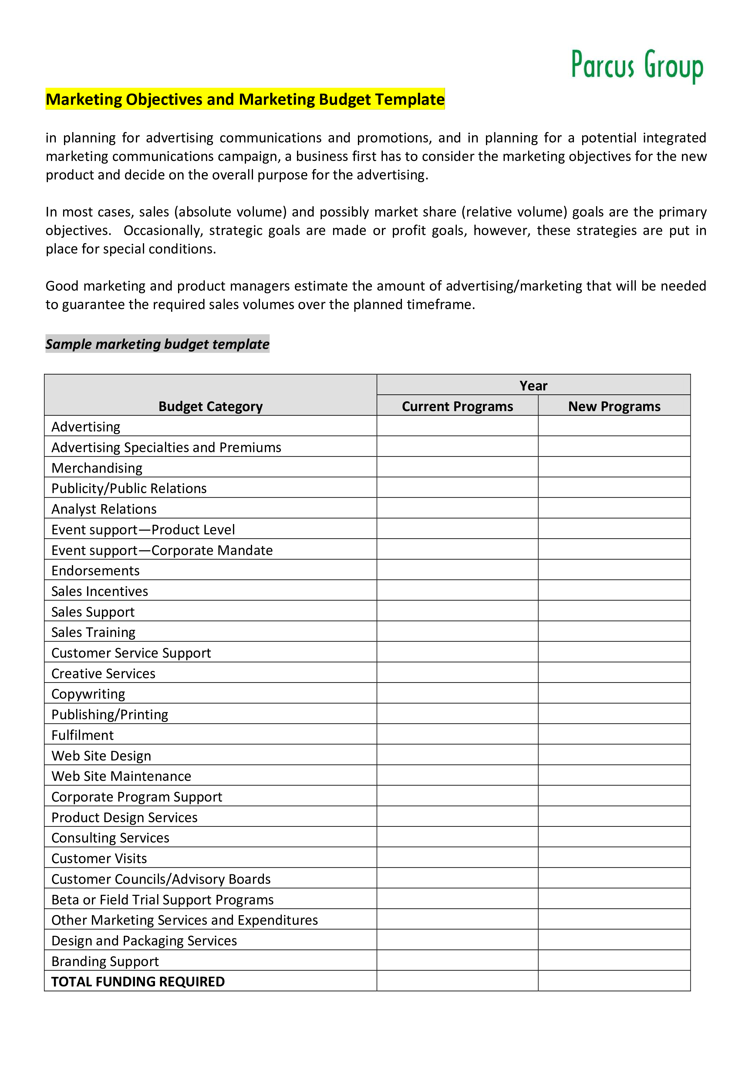 Marketing Objectives and Marketing Budget Template main image