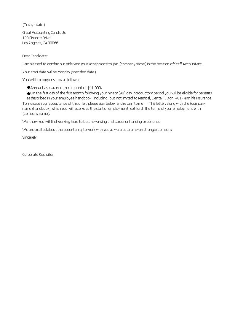 offer letter format for accountant template