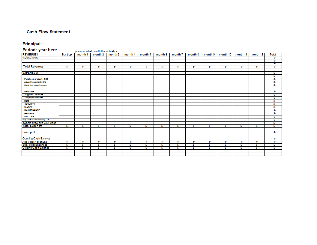 cash flow statement operating activities template