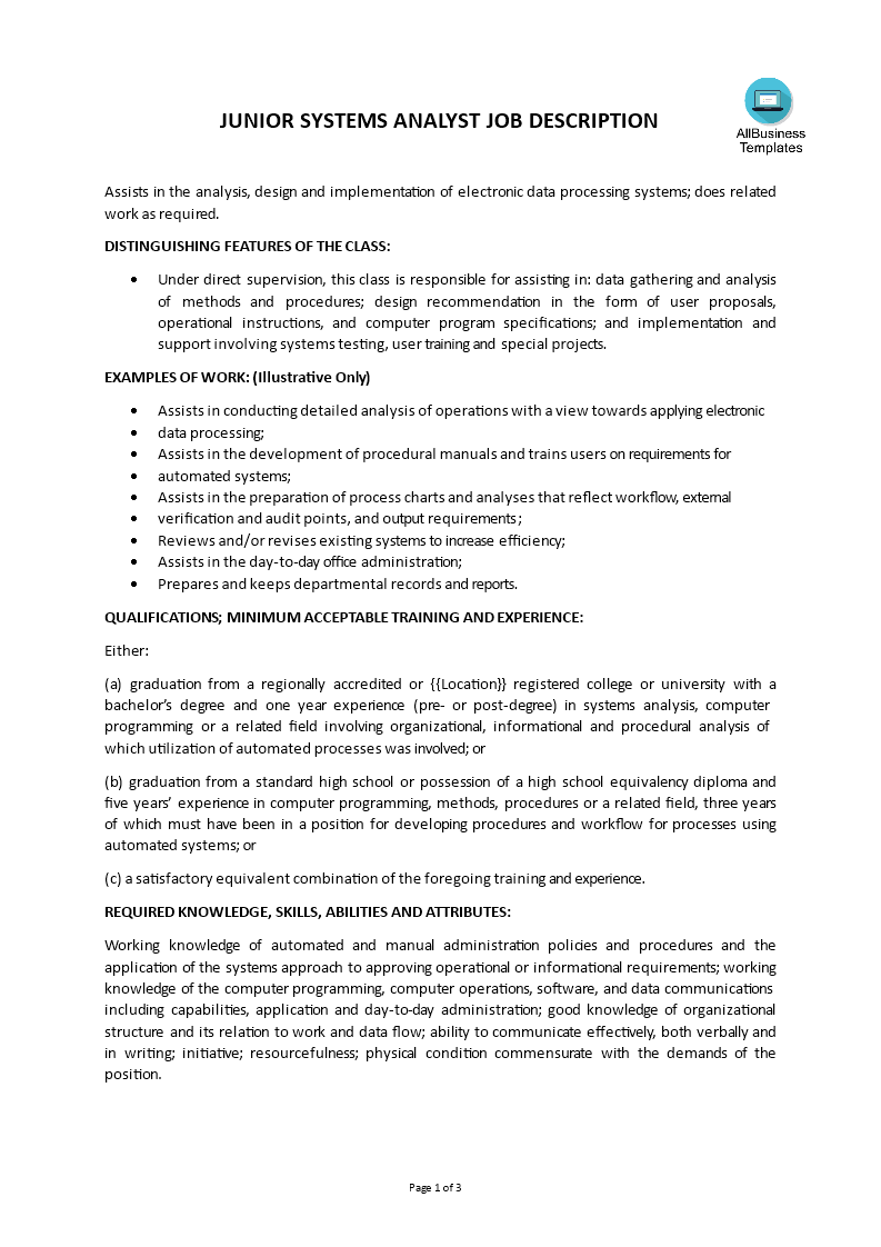 junior system analyst job description modèles