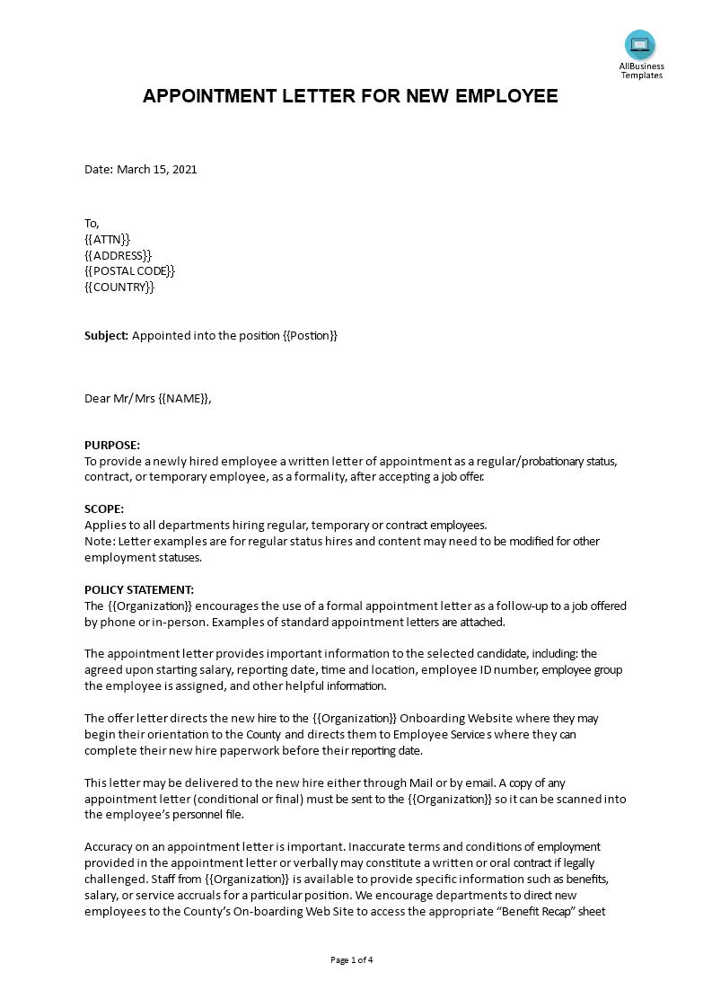 appointment letter for new employees purpose template