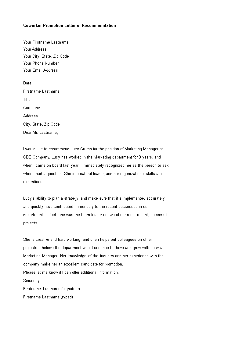 coworker promotion letter of recommendation template