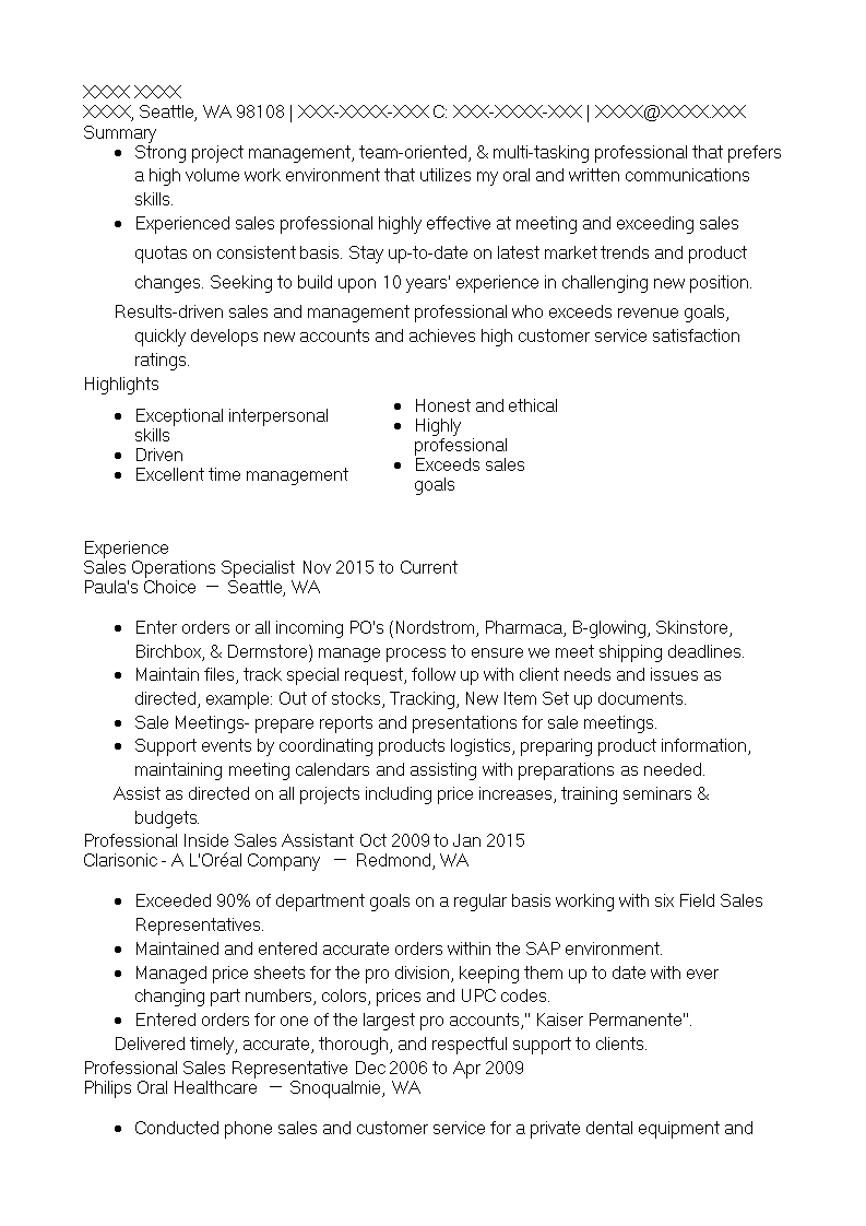 Sales Operations Specialist Resume 模板