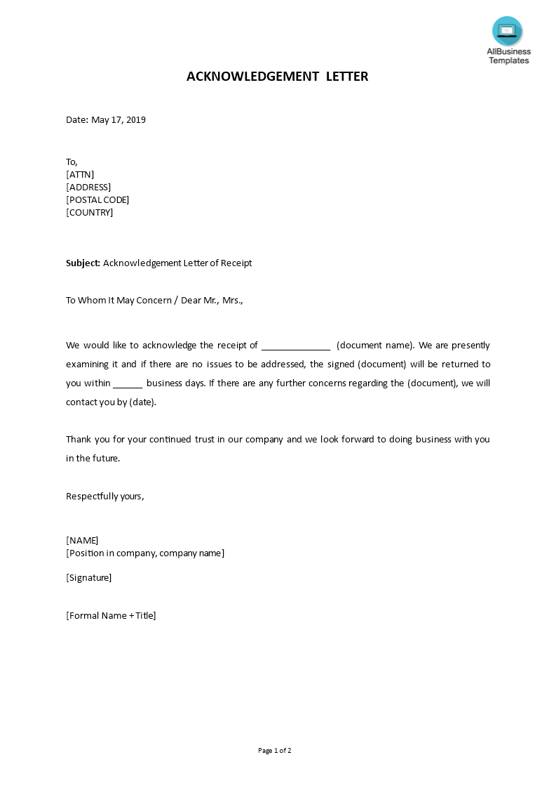 sample acknowledgment letter of receipt template