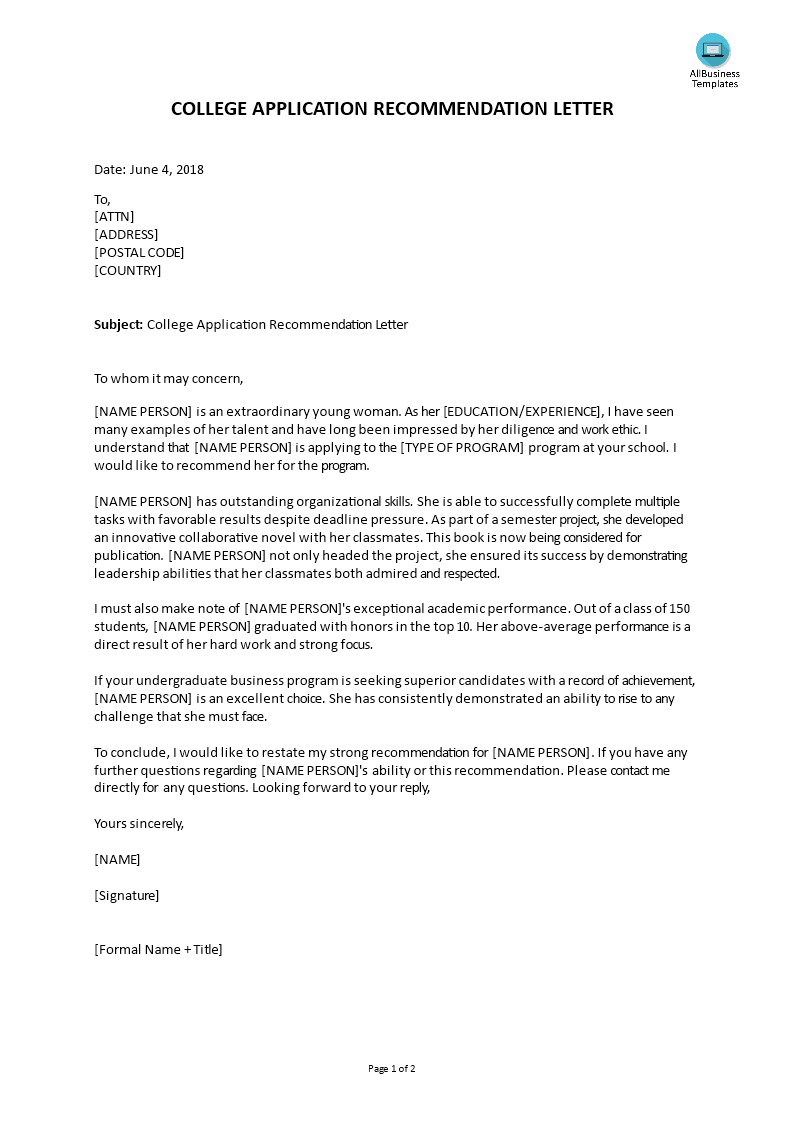 college application recommendation letter voorbeeld afbeelding 