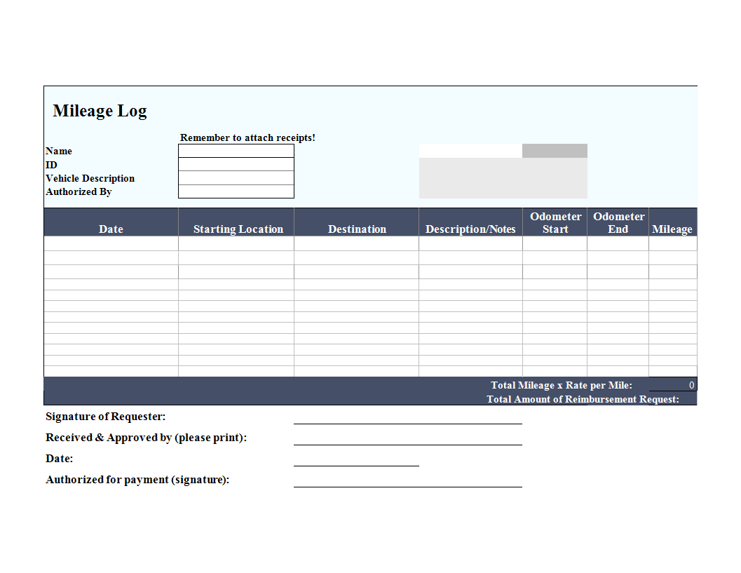 Excel mileage log for taxes 模板