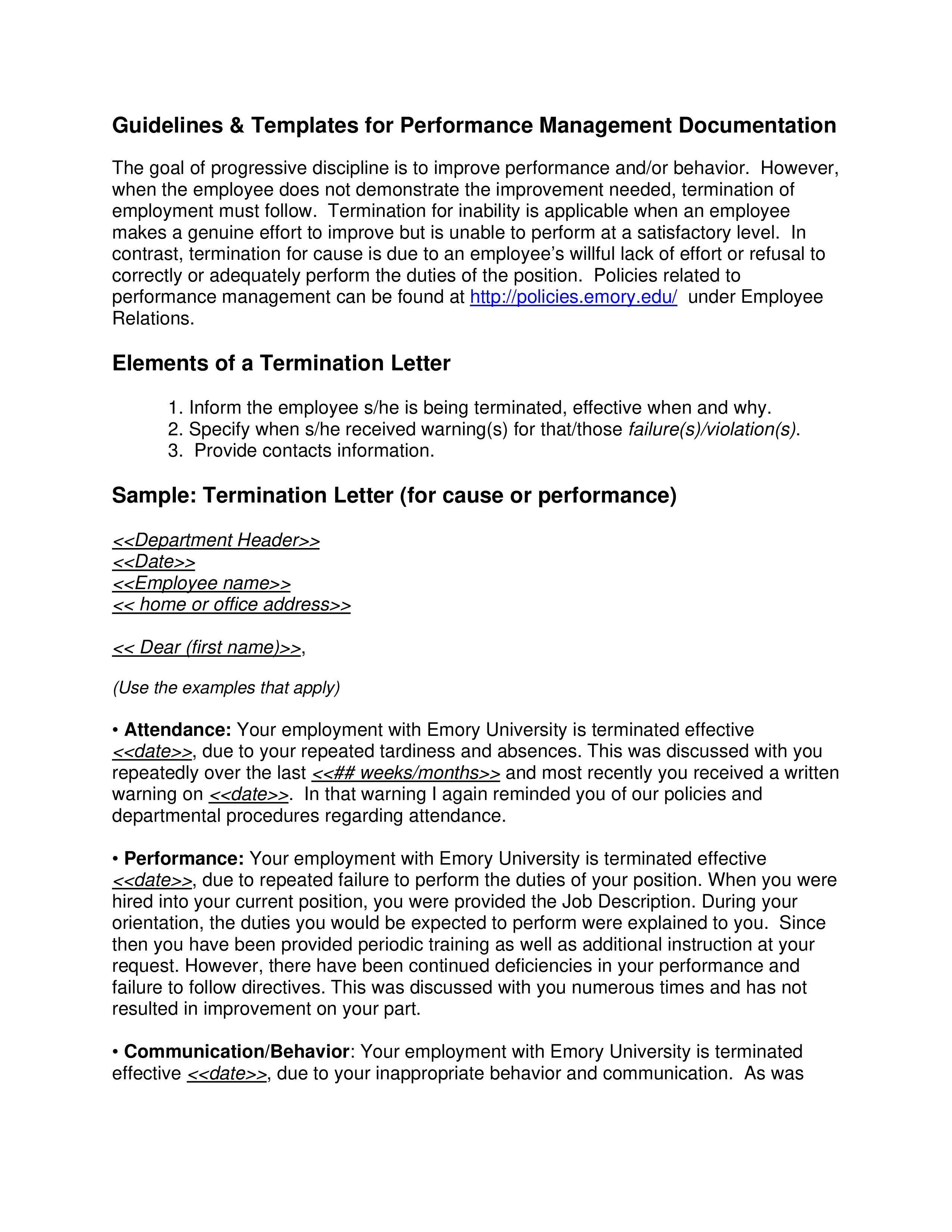 termination letter for cause or performance template