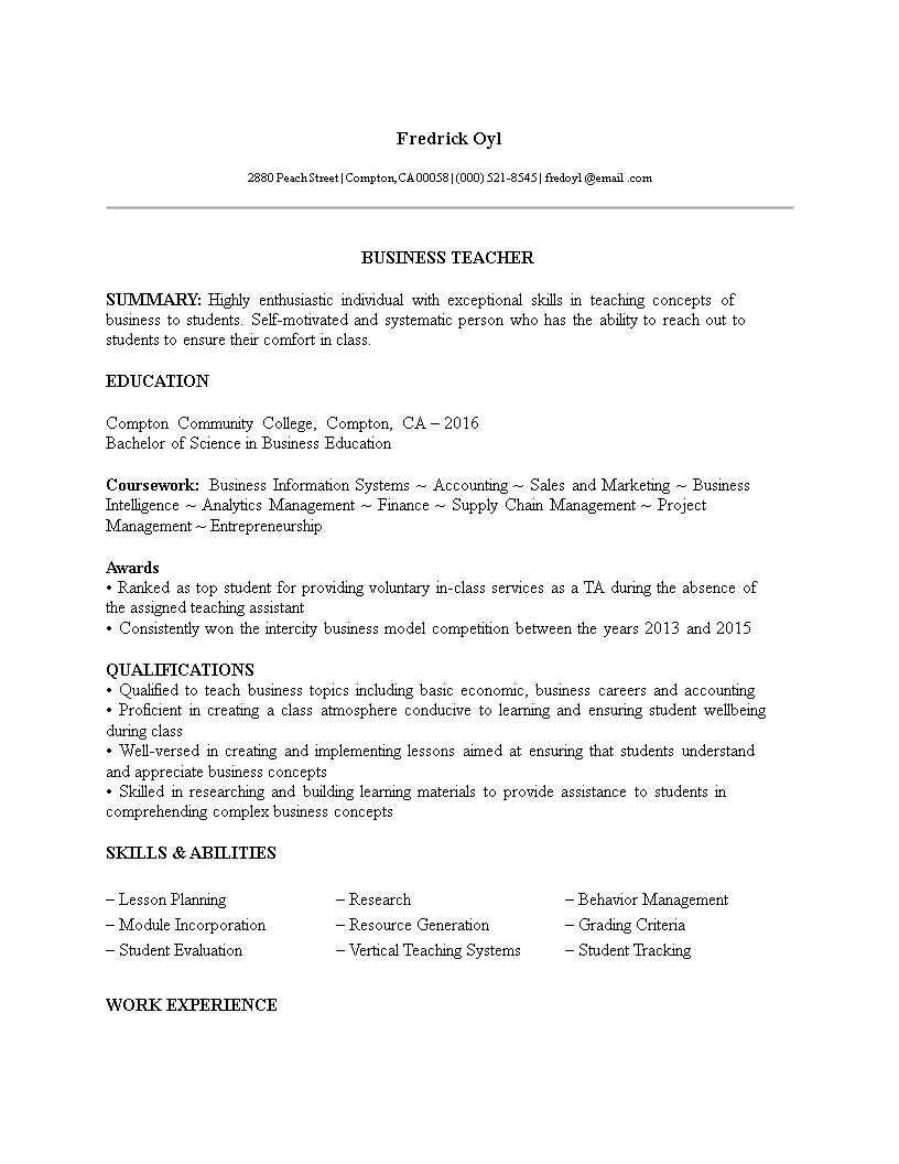 business teacher resume no experience voorbeeld afbeelding 