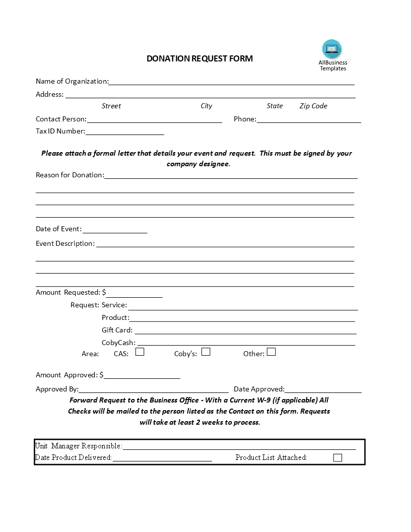 Formal Donation Request Form | Templates at allbusinesstemplates.com