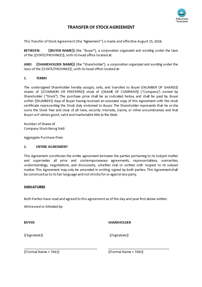transfer of stock agreement_short form template