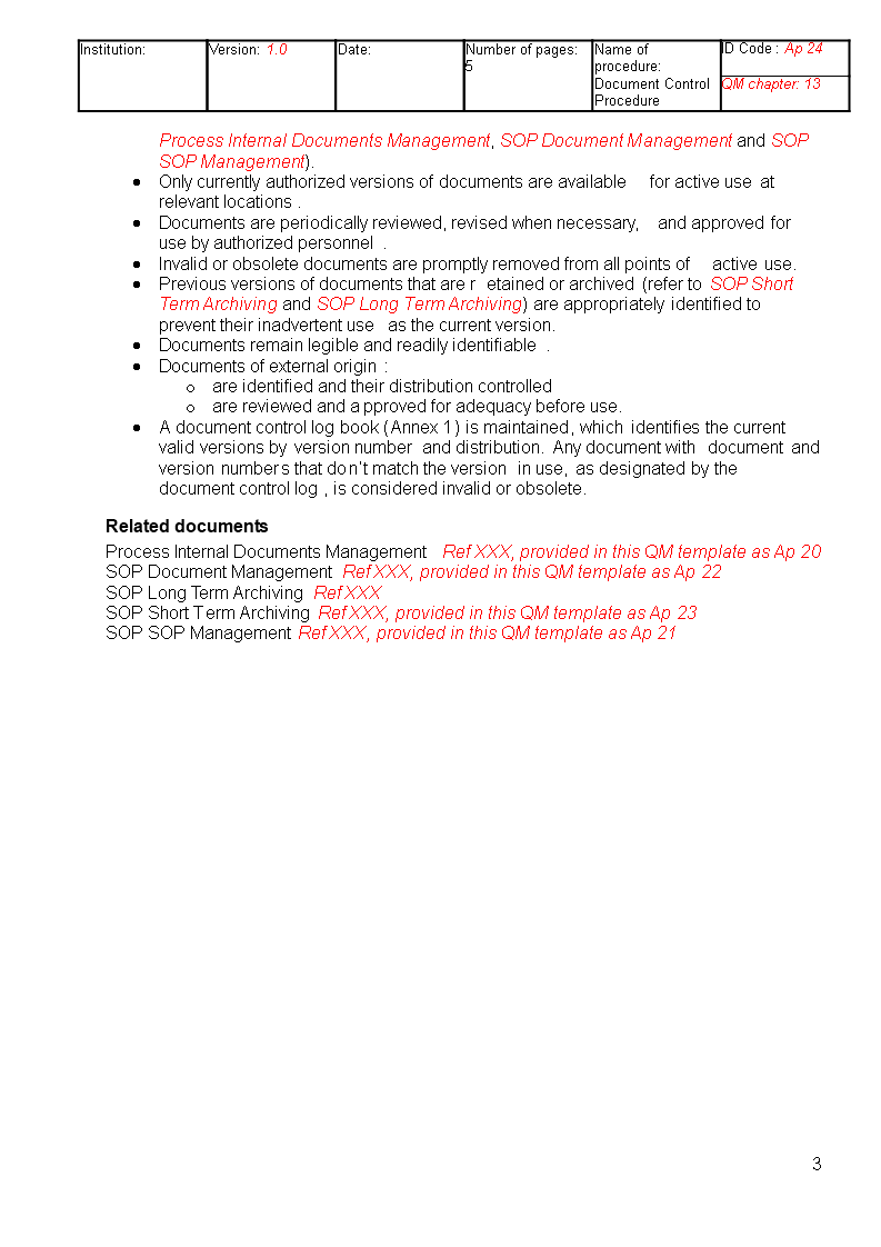 document control procedure modèles