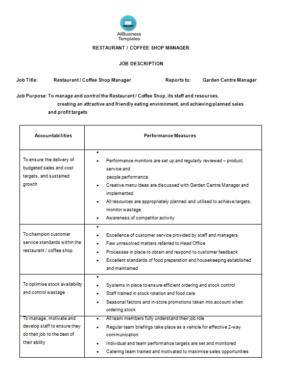 Restaurant Coffee Shop Manager Job Description main image