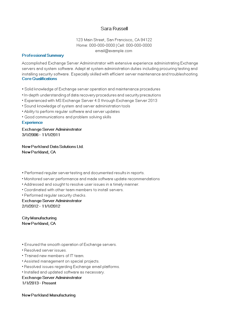 Exchange Server Manager Resume 模板