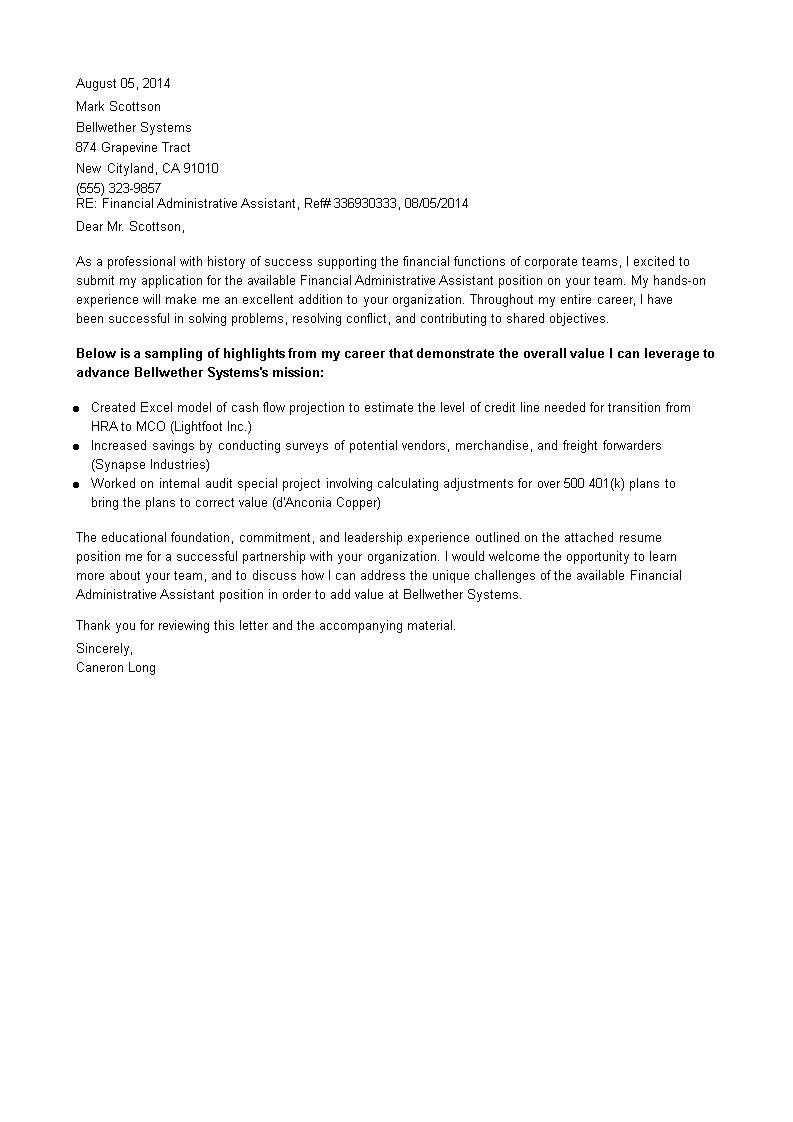 job application letter for finance administrative assistant voorbeeld afbeelding 