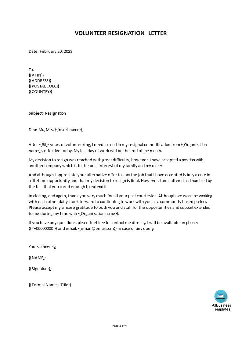 voluntary retirement resignation letter template