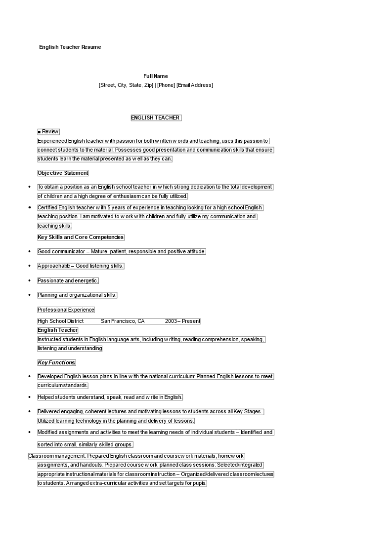 printable english teacher resume template