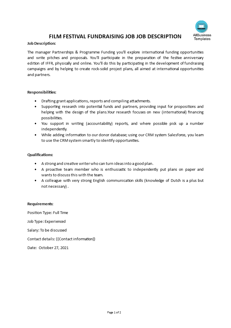 film festival fundraising job job description template