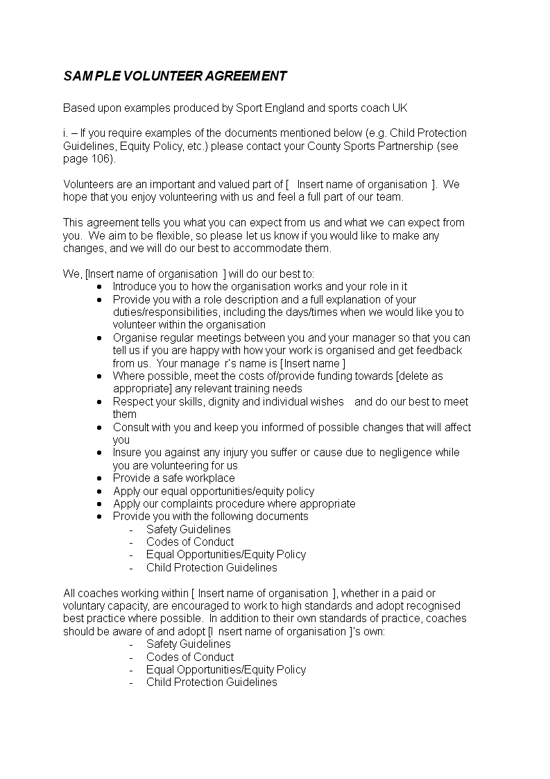 volunteer work agreement template