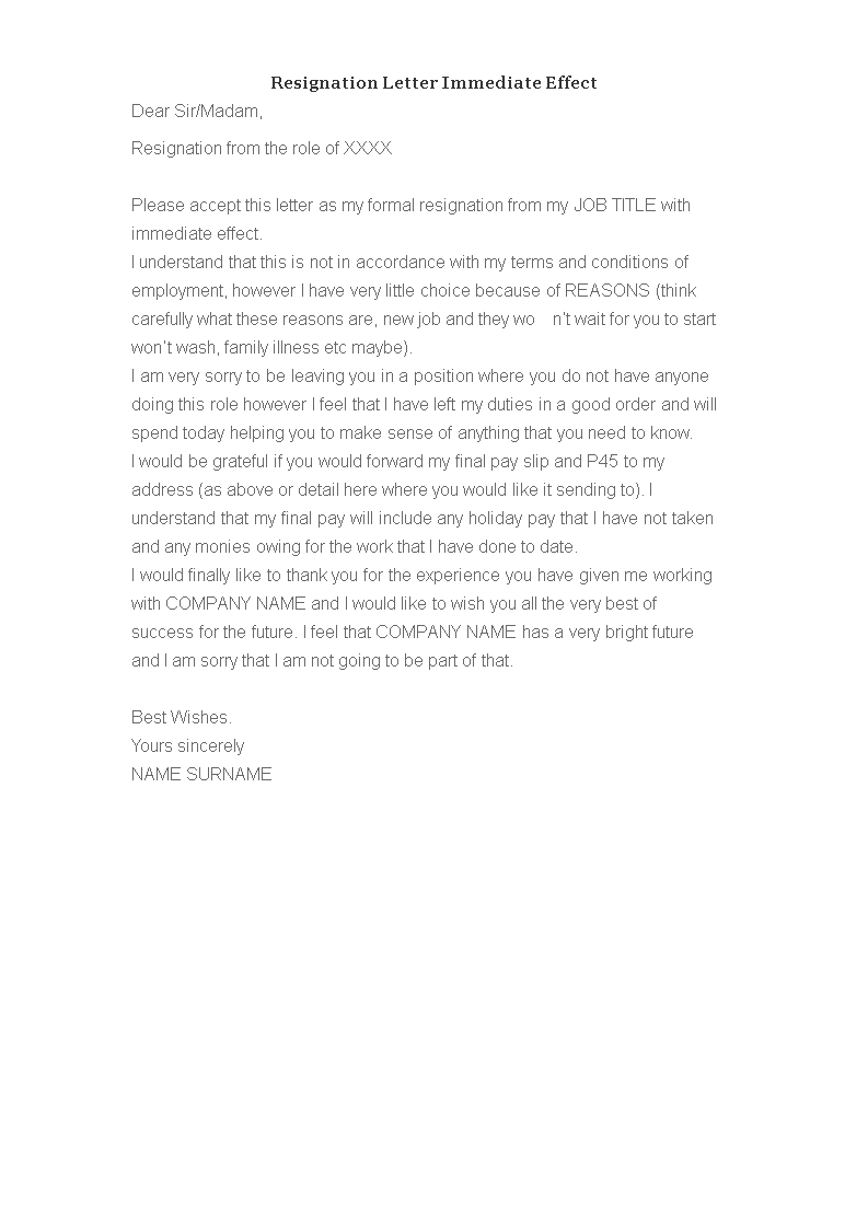 Resignation Letter Immediate Effect Format main image