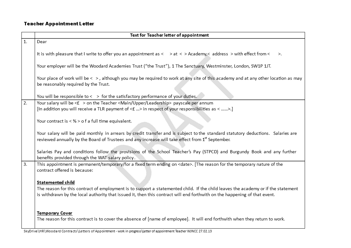 Kostenloses School Teacher Appointment Letter Format