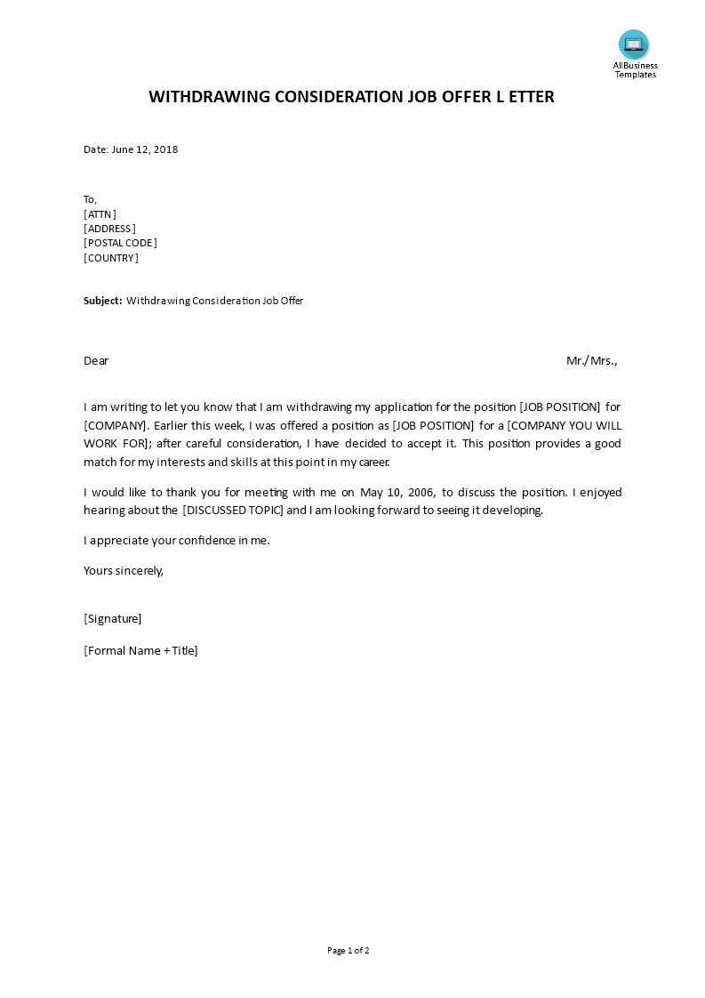 withdrawing your consideration job offer letter voorbeeld afbeelding 