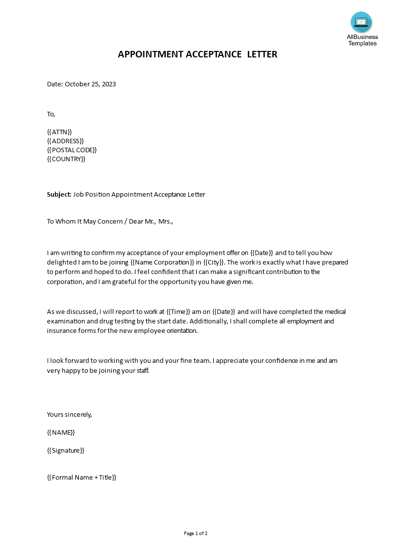 Télécharger Gratuit Job Position Appointment Acceptance Letter