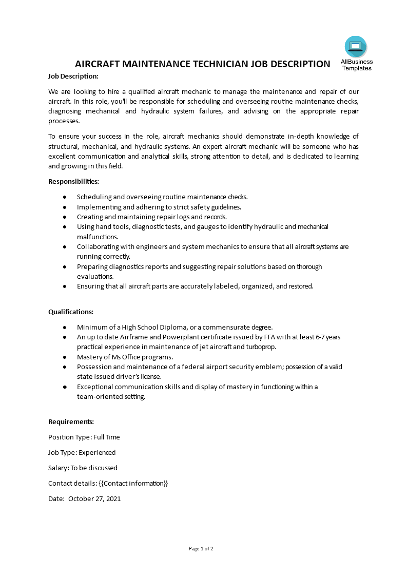 aircraft maintenance technician job description modèles