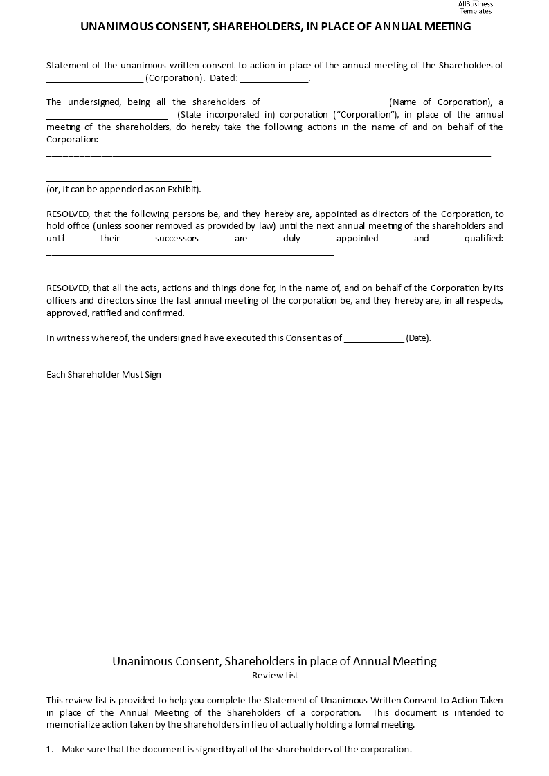 Unanimous Consent, Shareholders in place of Anl Mting - Premium Throughout unanimous shareholder agreement template