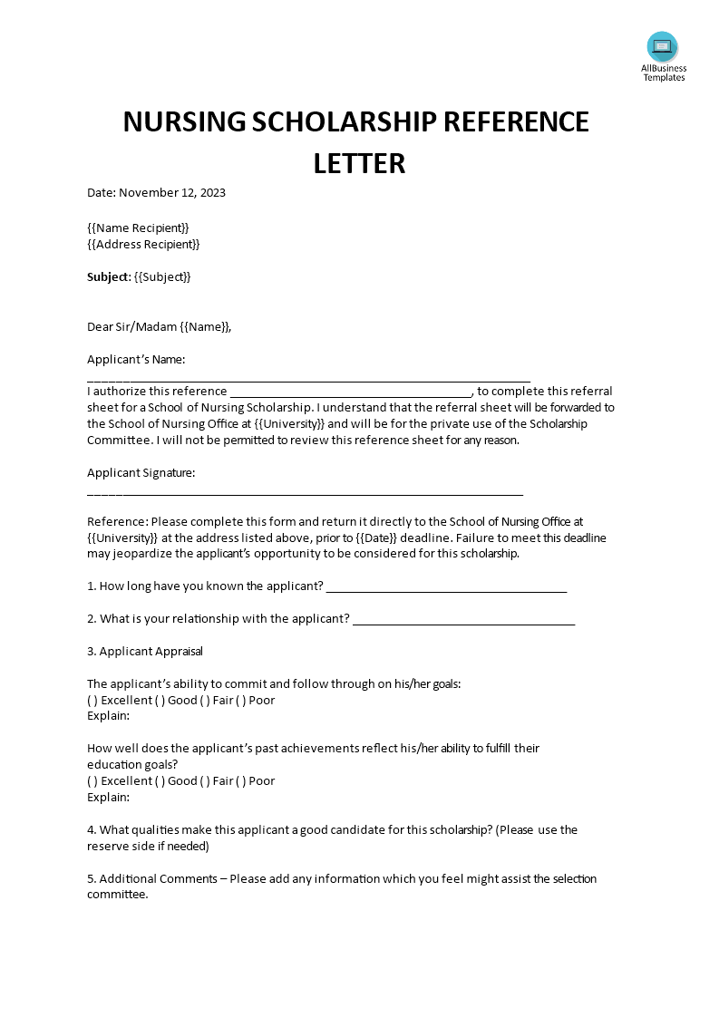 nursing scholarship reference letter voorbeeld afbeelding 