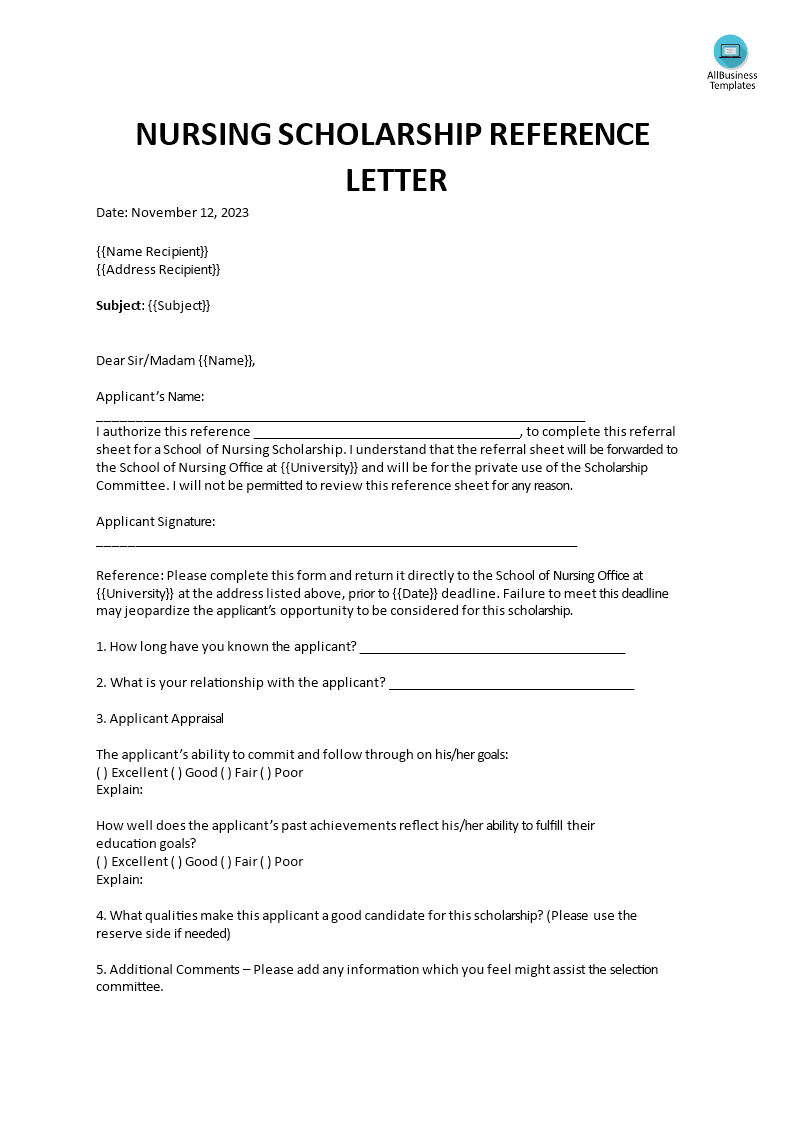 nursing scholarship reference letter modèles