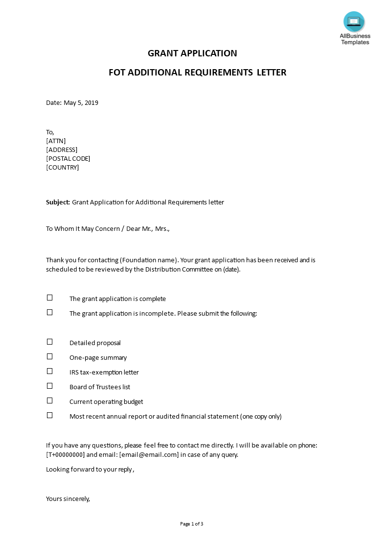 grant application for additional requirements letter Hauptschablonenbild
