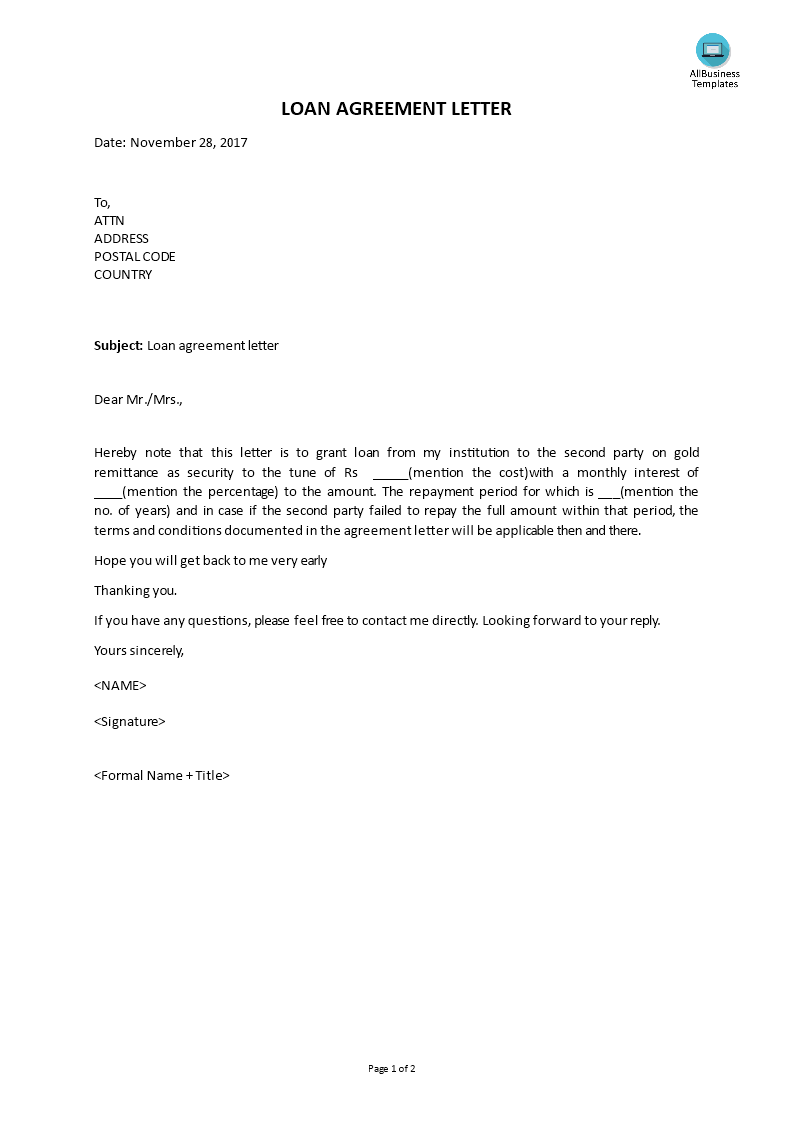 loan agreement letter template