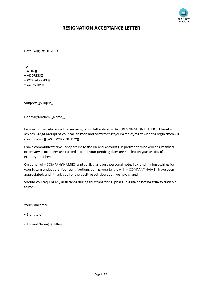 Kostenloses Sample Resignation Acceptance Letter