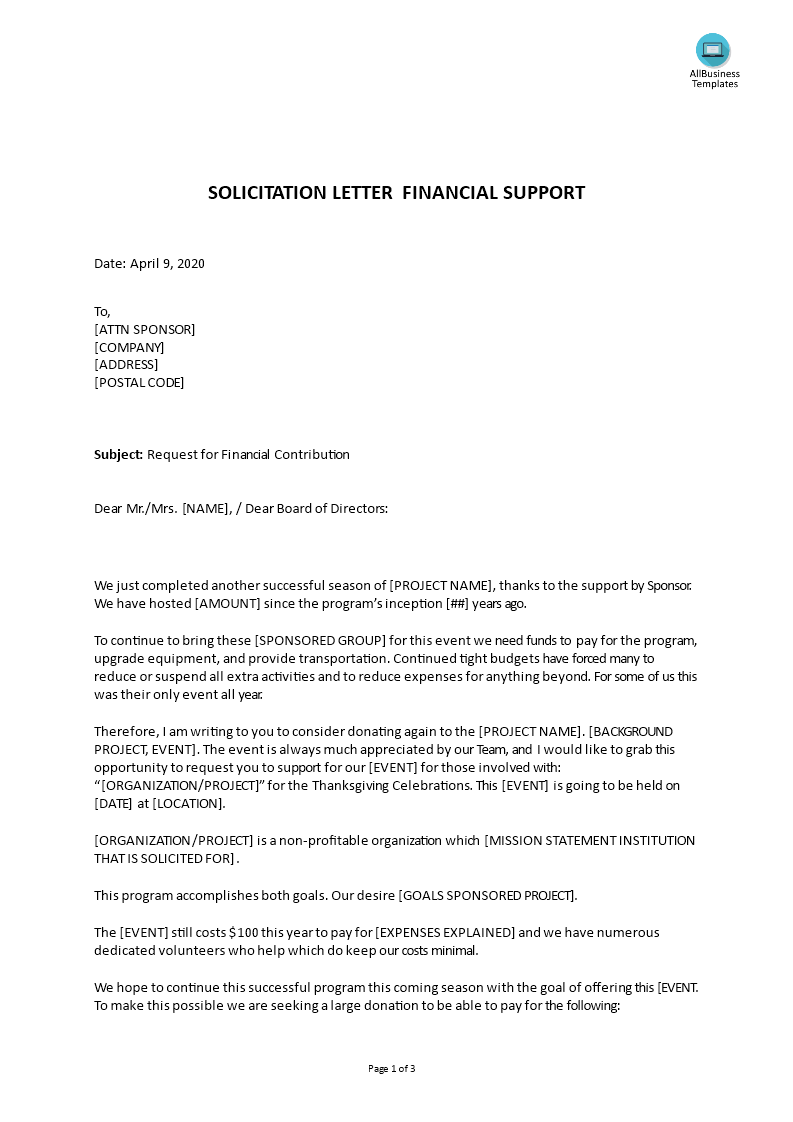 Financial Solicitation Letter for Donation main image