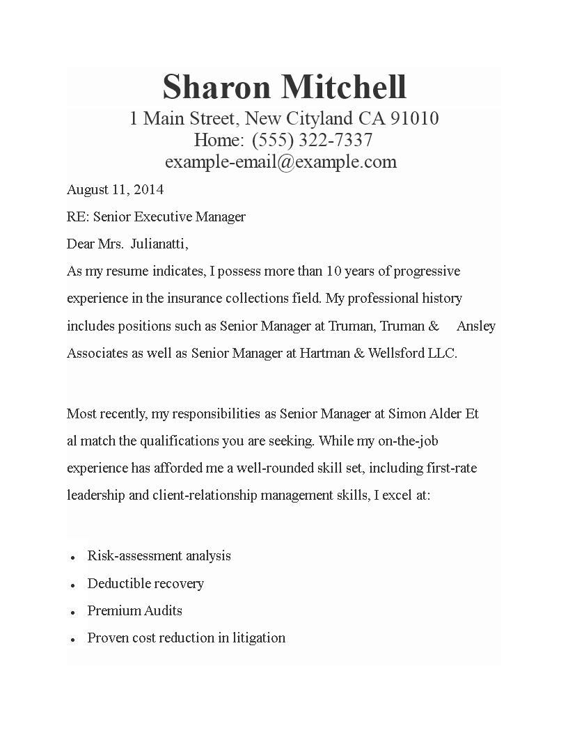 senior management cover letter sample