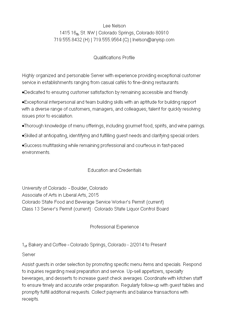 restaurant server cv template