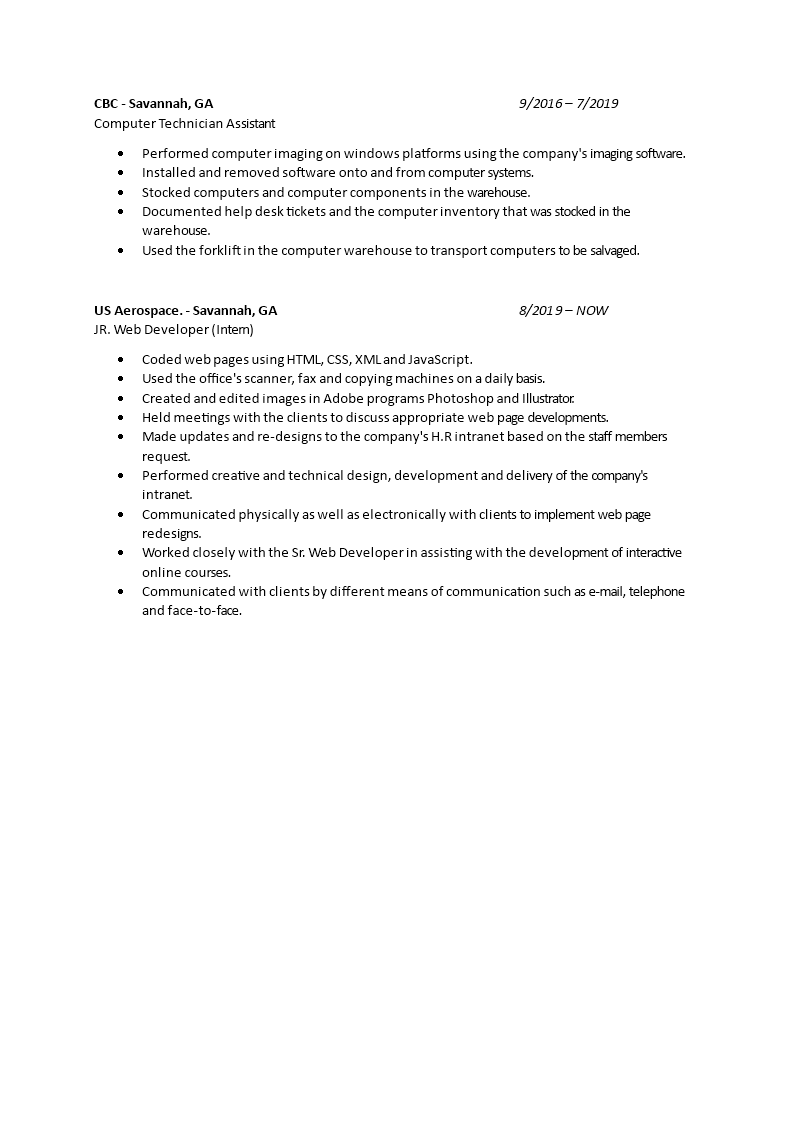 Entry Level Web Developer Resume | Templates at allbusinesstemplates.com