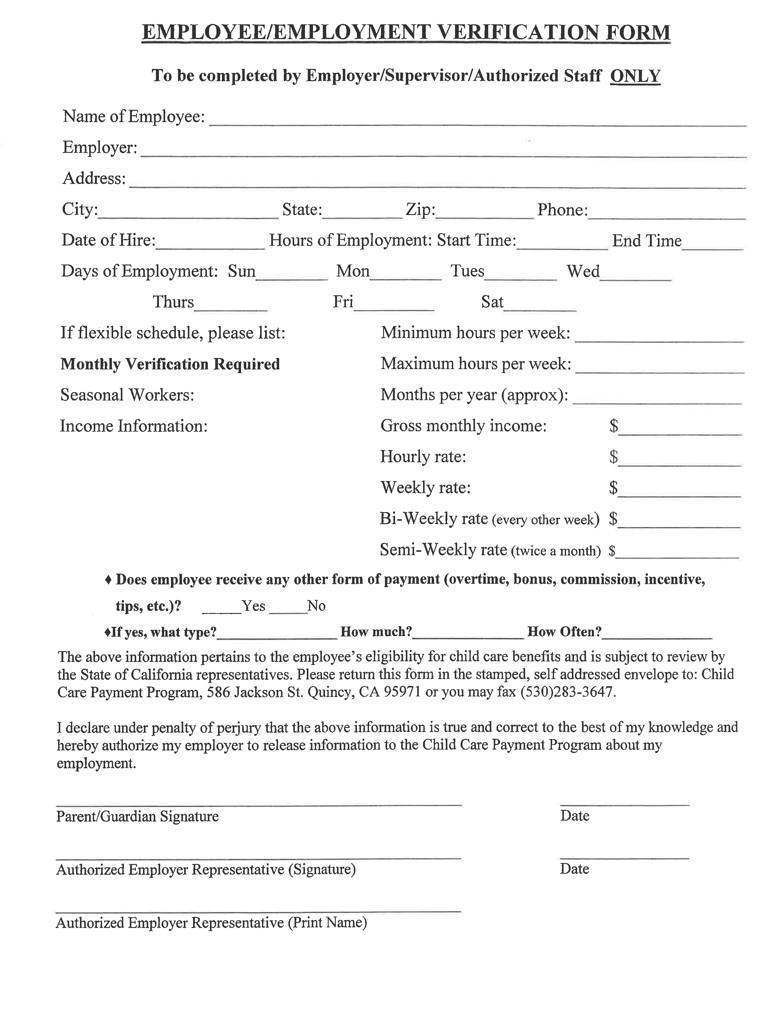 blank verification of employment form template