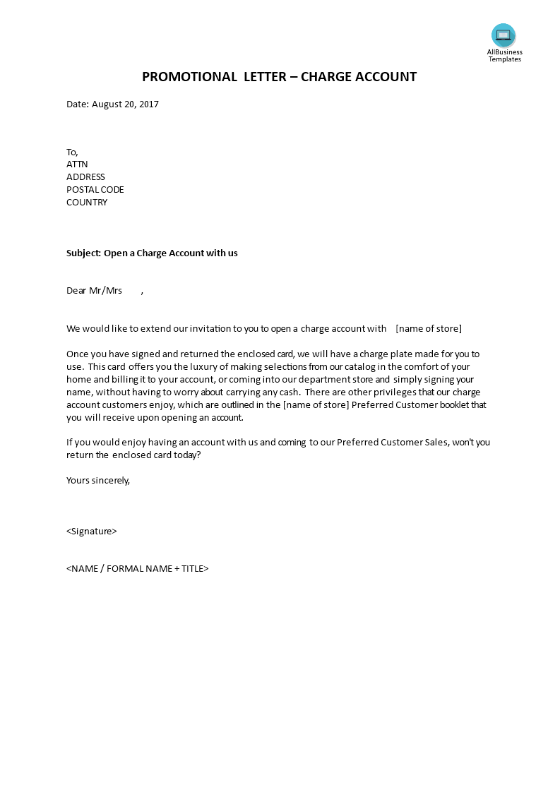 promotional letter - charge account voorbeeld afbeelding 