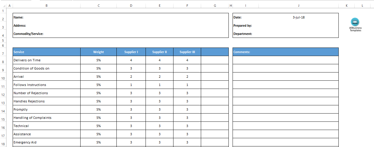 Vendor Performance Evaluation Form 模板