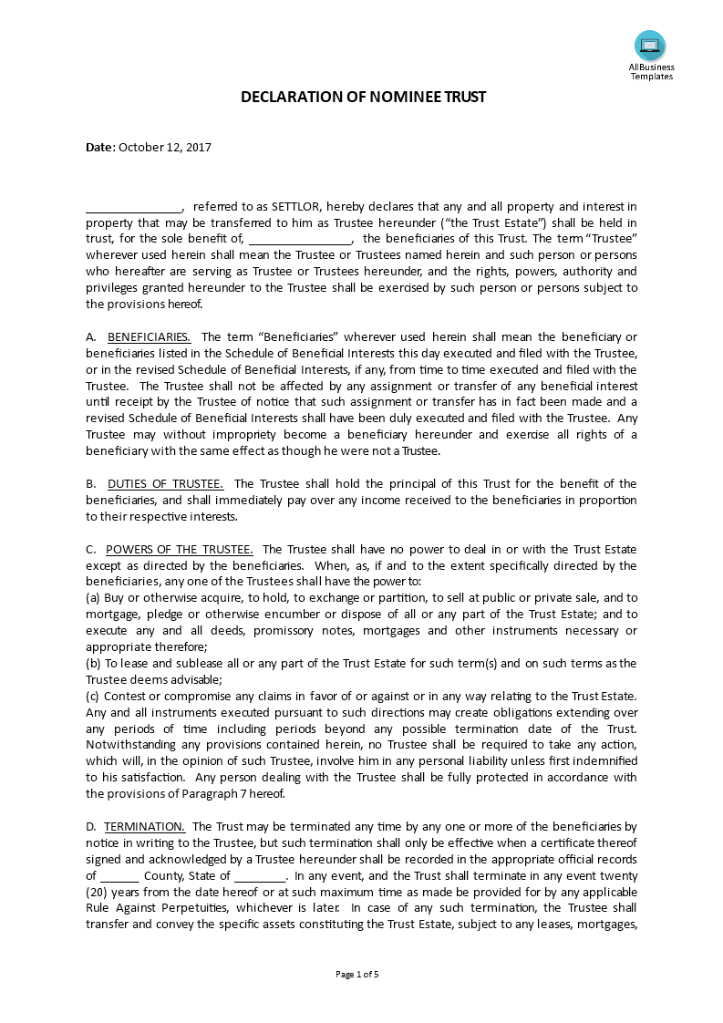 declaration of nominee trust plantilla imagen principal