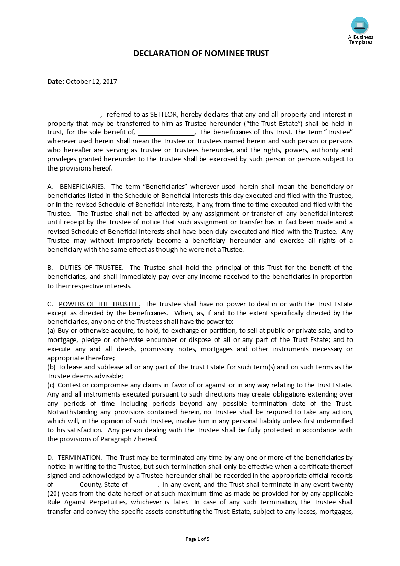 declaration of nominee trust modèles