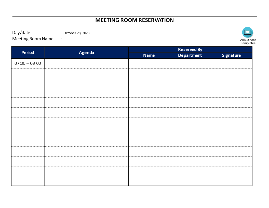meeting room reservation sheet voorbeeld afbeelding 