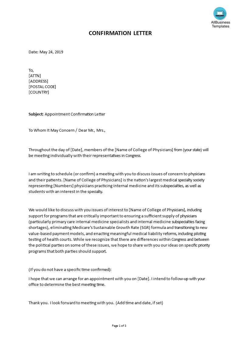 appointment confirmation letter Hauptschablonenbild