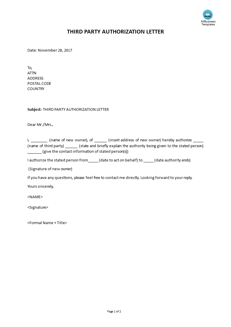 third party authorization letter template